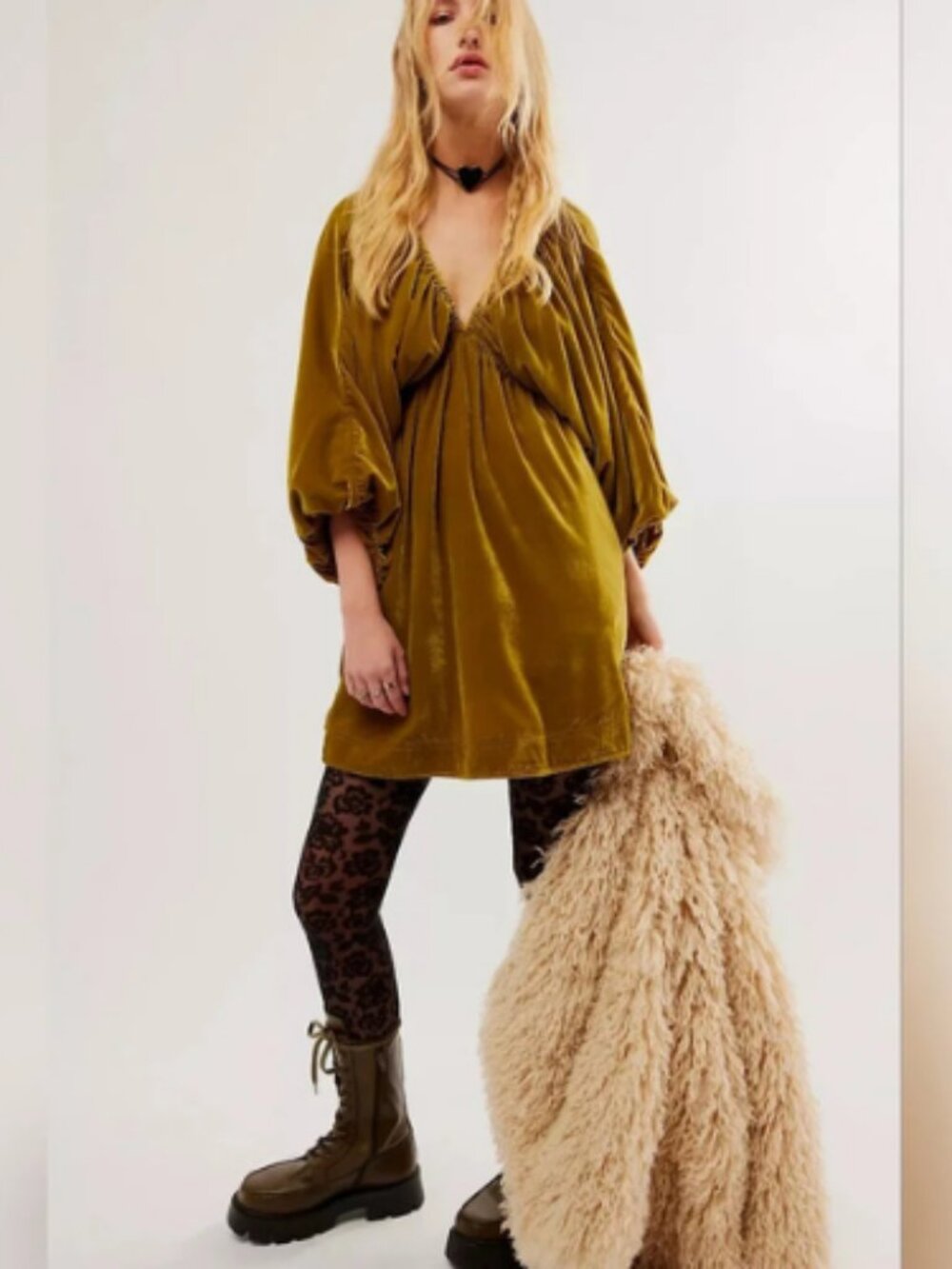 Free People Portia Velvet Puff Sleeve Mini Dress